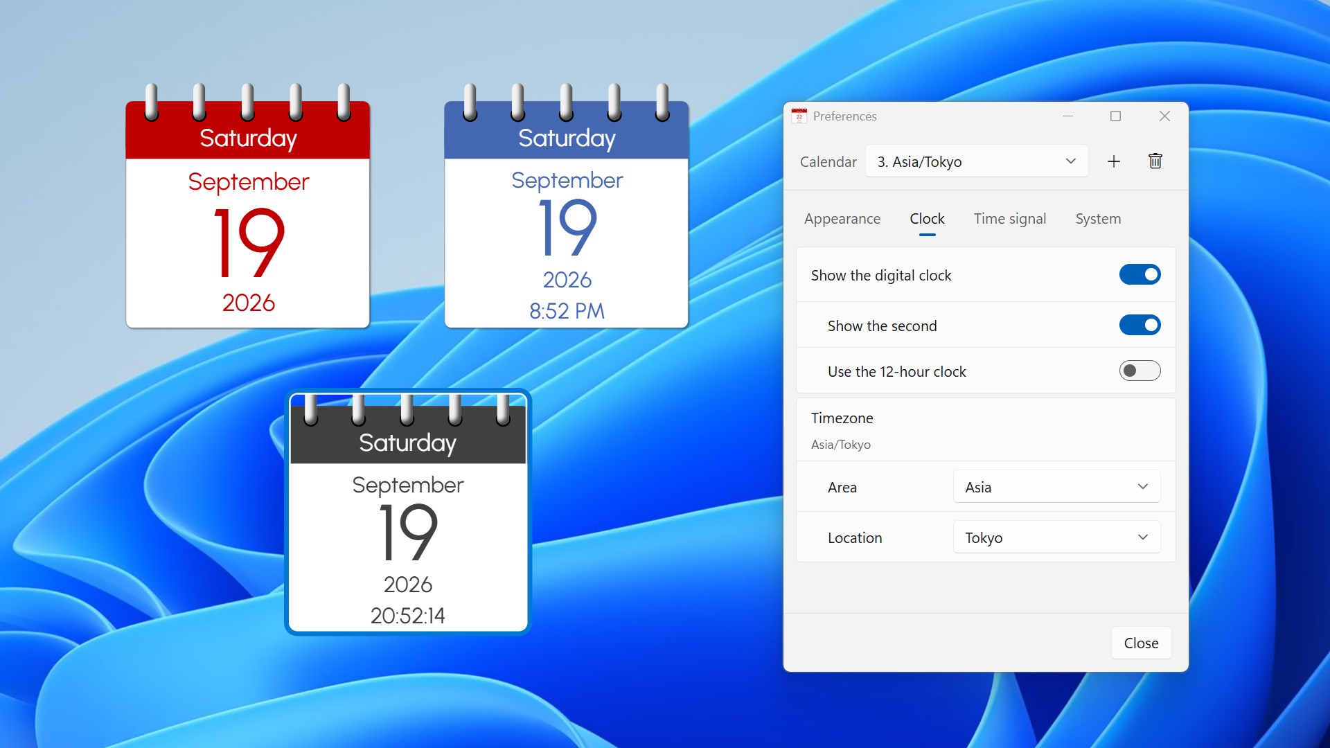 Calendars with no clock, a 12-hour clock and a clock with seconds, beside the Clock settings