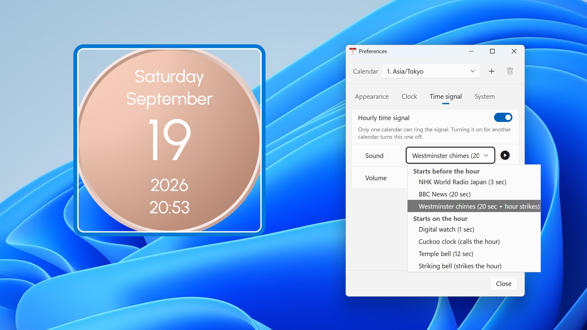 Hourly time signal settings with the seven sounds