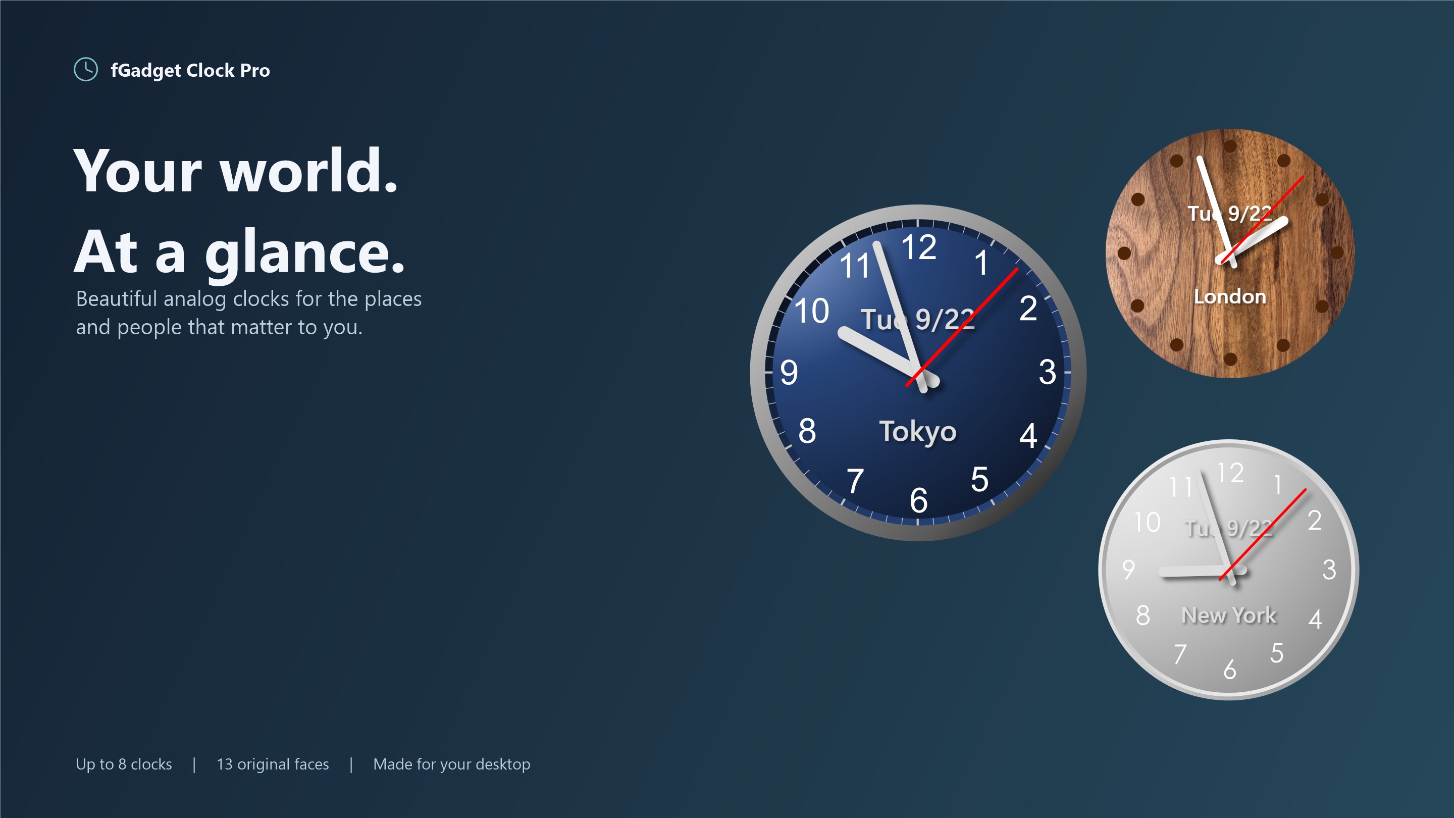 fGadget Clock Pro showing Tokyo, London and New York on the desktop