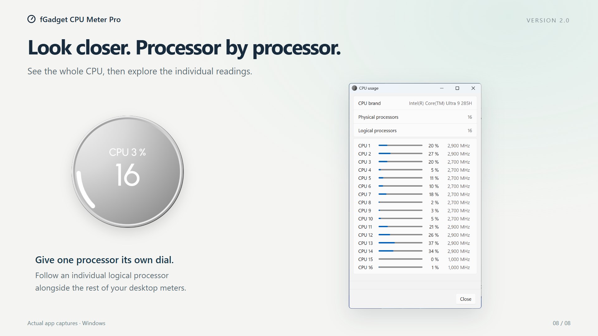 Usage and frequency for each logical processor in the CPU usage window