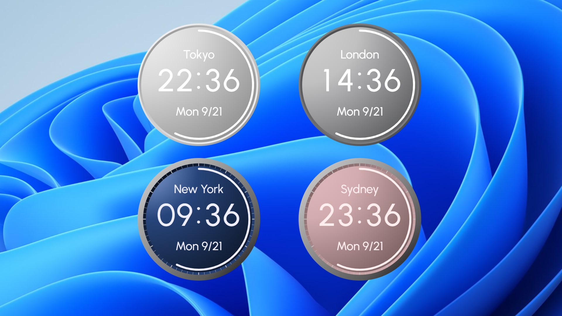 fGadget Digital Clock Pro showing Tokyo, London, New York and Sydney on the desktop