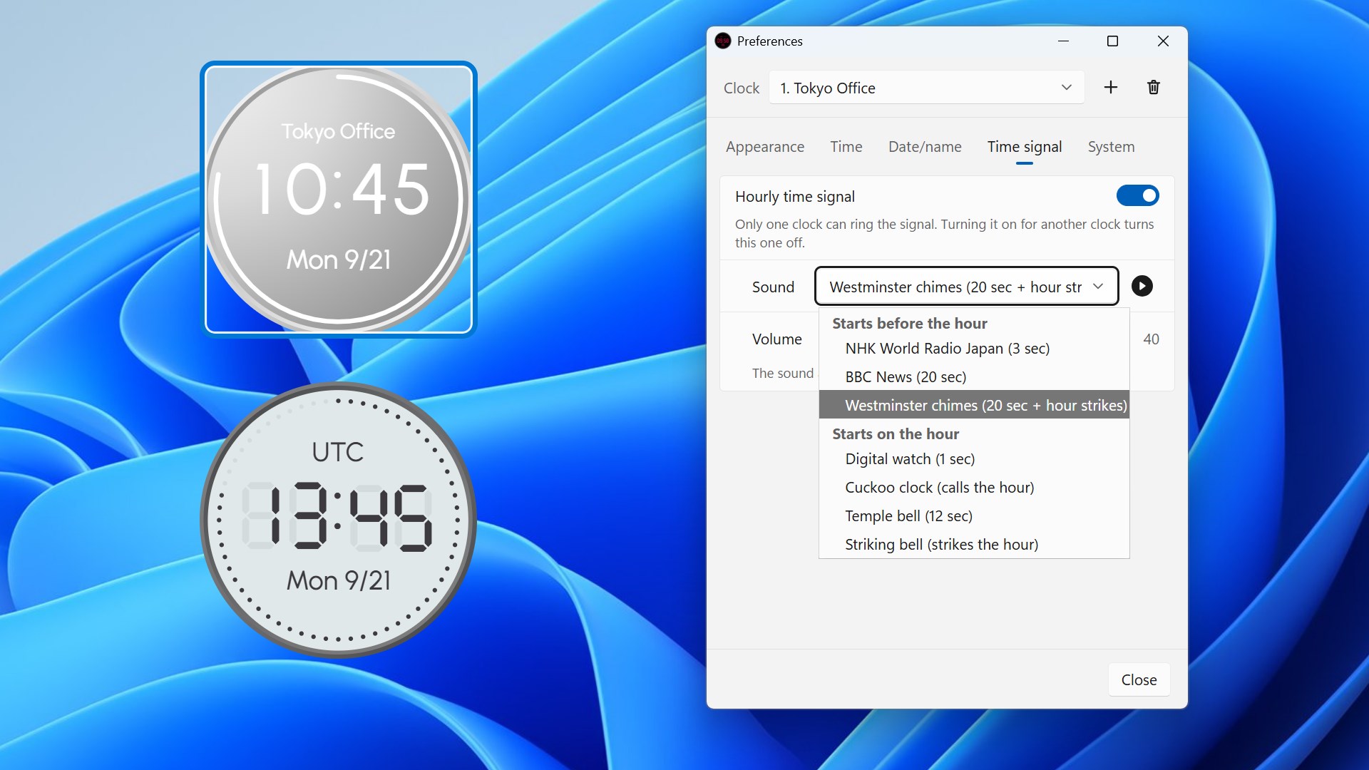 Hourly time signal settings with the seven sounds