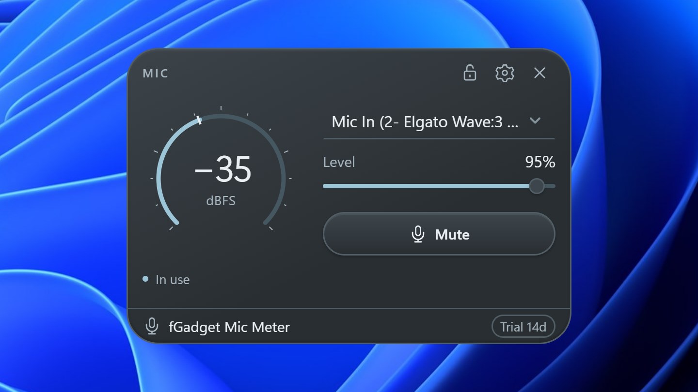 Windows 桌面上的 fGadget Mic Meter 面板，環形音量表顯示 −35 dBFS，旁邊是所選麥克風、位於 95% 的輸入音量滑桿與靜音按鈕