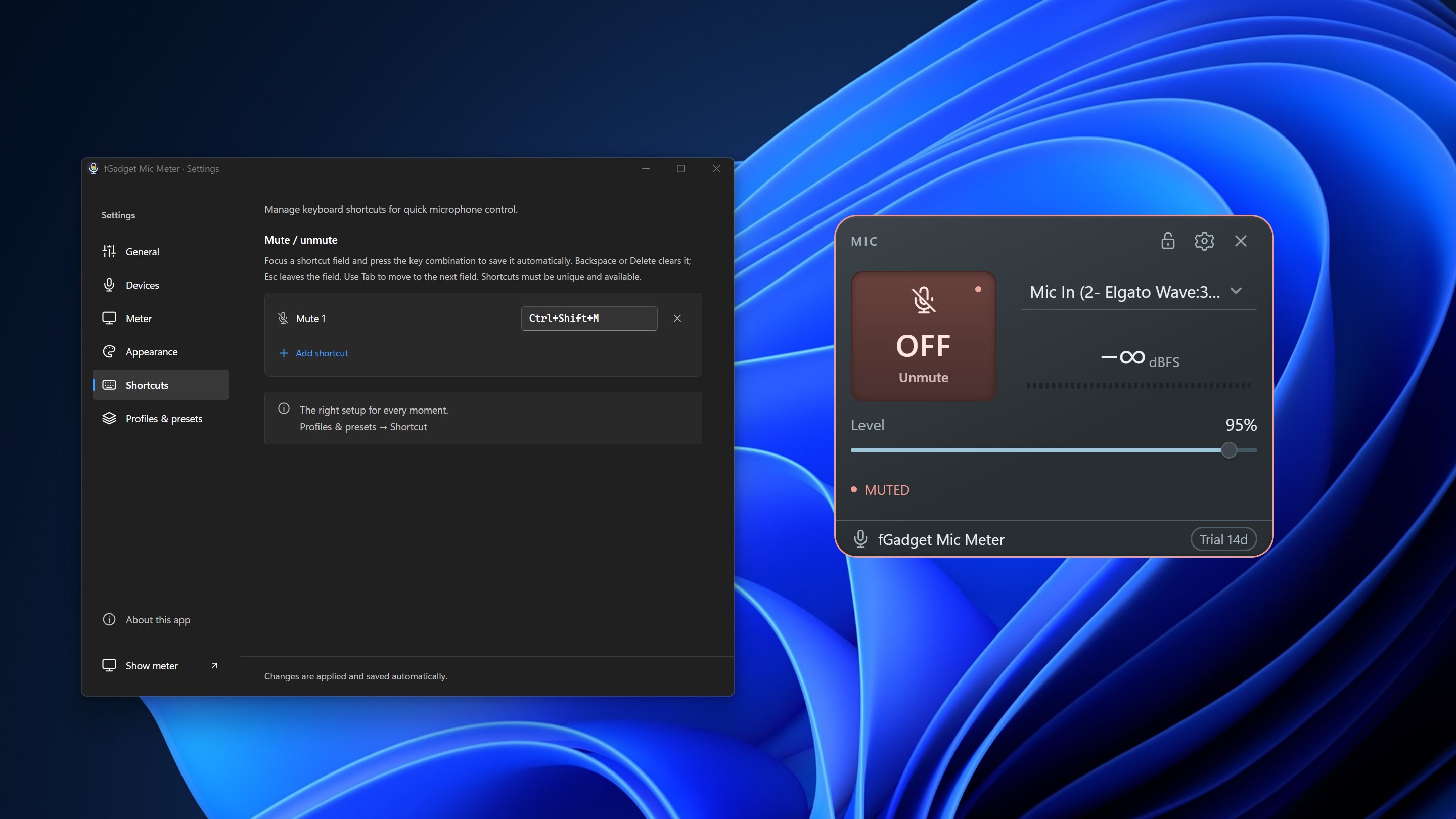 Mute Key 顯示醒目的 OFF 狀態，音量滑桿下方顯示「已靜音」，旁邊是將 Ctrl+Shift+M 指定給靜音的「快捷鍵」設定