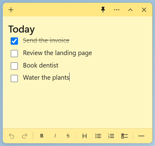 Une note fGadget Sticky jaune contenant une liste de tâches, épinglée au premier plan par-dessus le bureau Windows