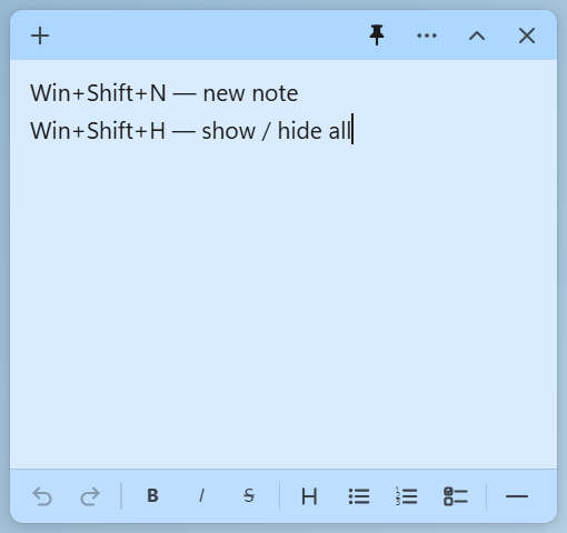Une note bleue listant les raccourcis clavier globaux