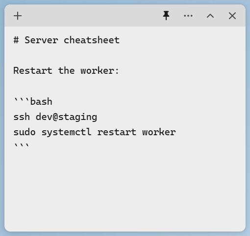 Le mode Markdown affichant la source brute d'une note avec un bloc de code
