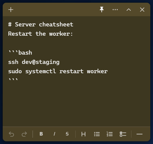 La même note en mode Markdown sous le thème sombre de Windows