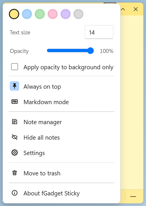 Le menu de la note avec la couleur, la taille du texte, l'opacité, le maintien au premier plan et le mode Markdown