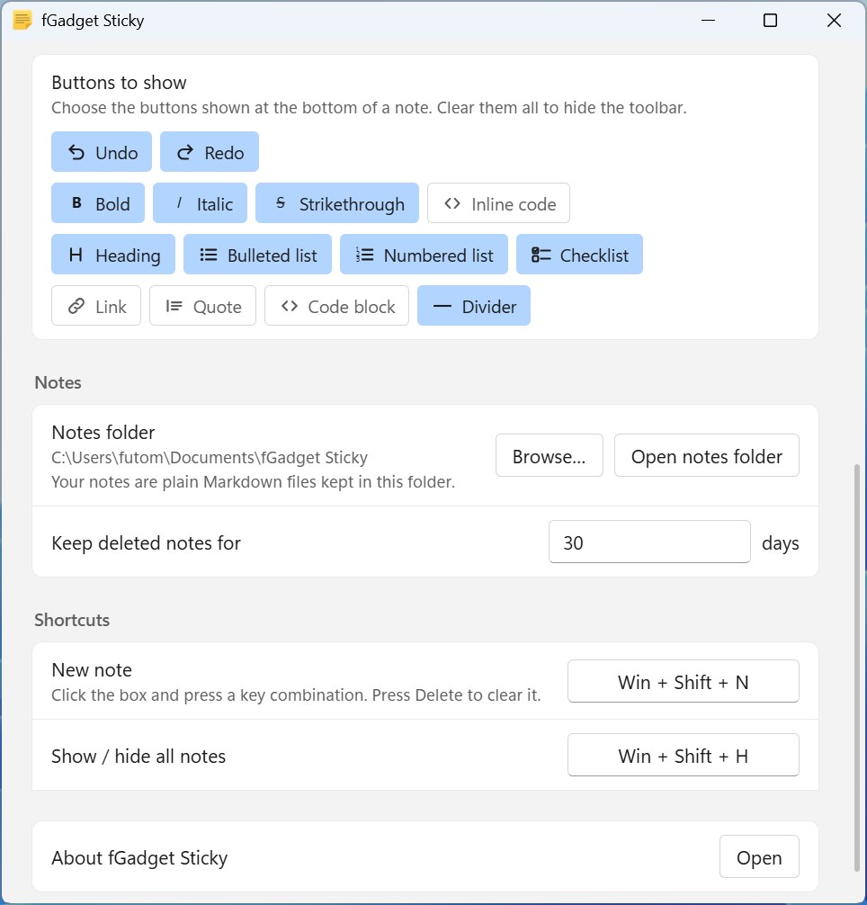 La ventana de configuración con la barra de herramientas personalizable, la carpeta de notas y los atajos