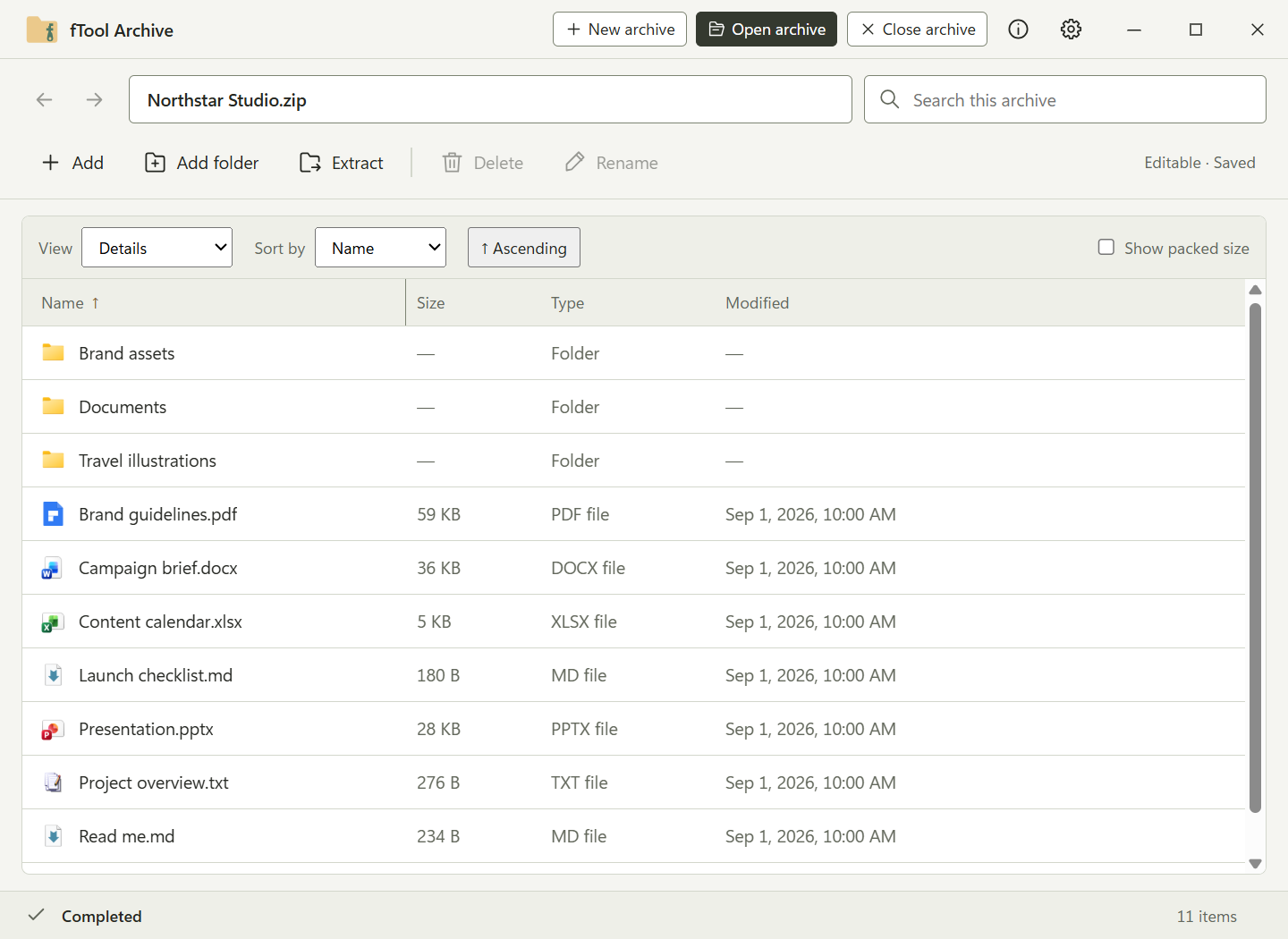 La ventana de fTool Archive mostrando el contenido de un ZIP en la vista de detalles, con carpetas y archivos listados por nombre, tamaño, tipo y fecha