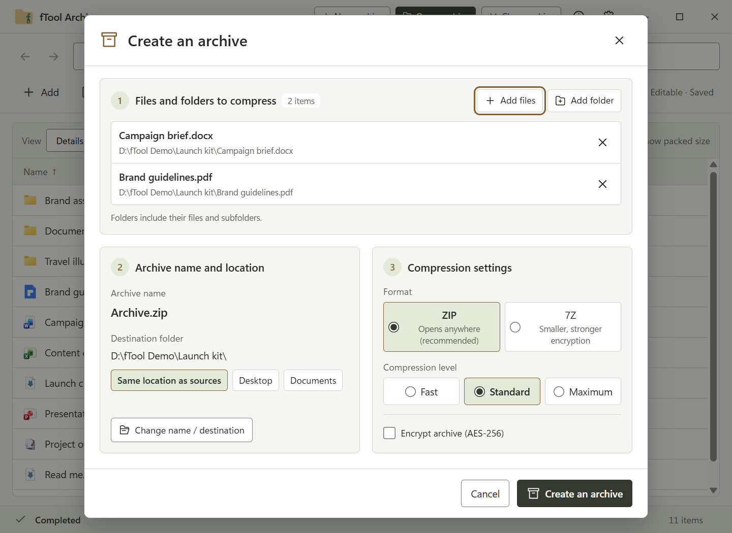 El cuadro de diálogo Crear un archivo con los ficheros a comprimir, la carpeta de destino y ZIP seleccionado con compresión Estándar
