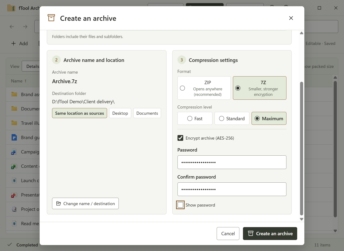 El cuadro de diálogo Crear un archivo con 7Z seleccionado, compresión Máxima y protección con contraseña AES-256 activada