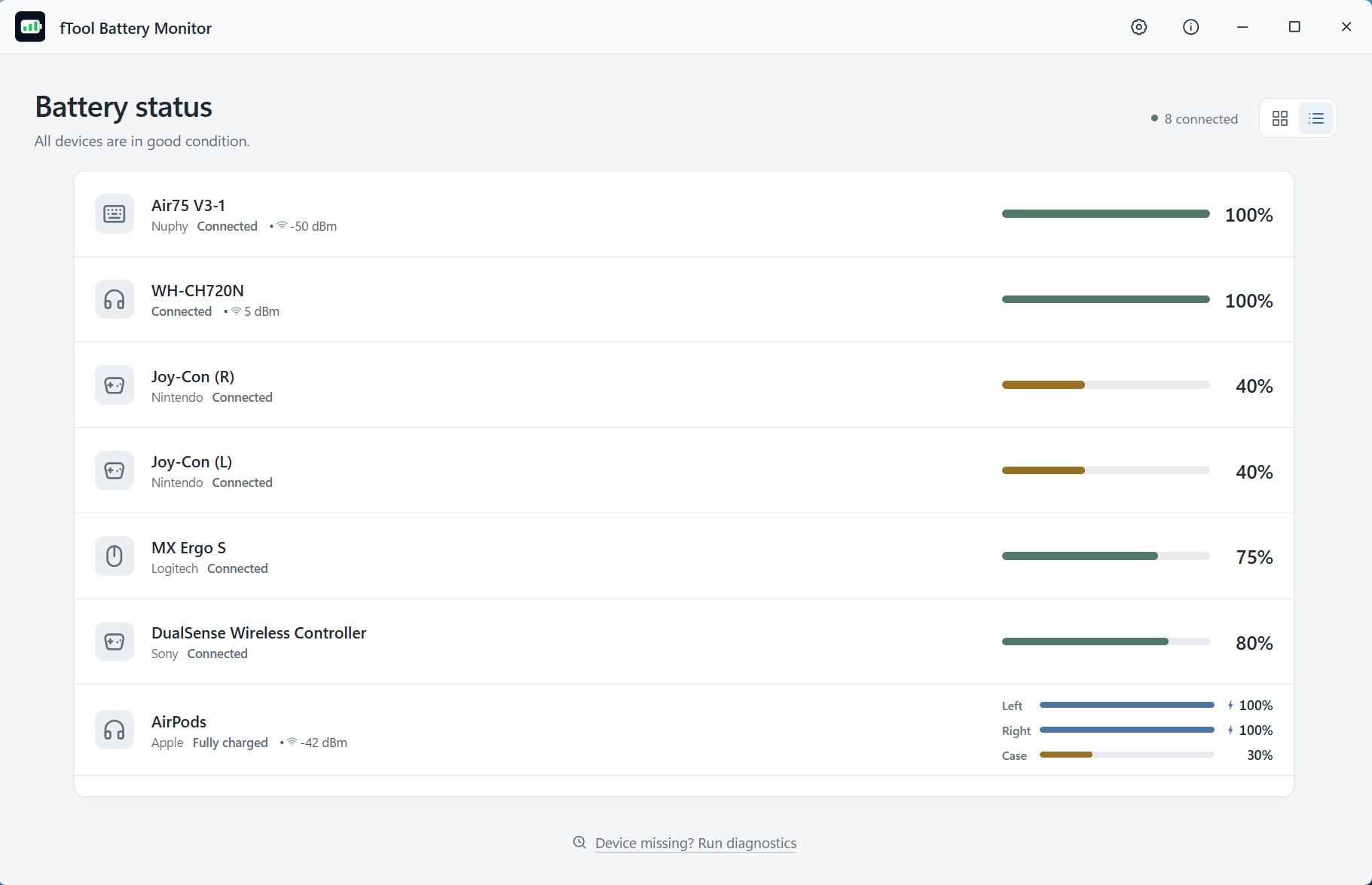 The list view in the dark theme, fitting eight devices into one window with a percentage bar beside each one
