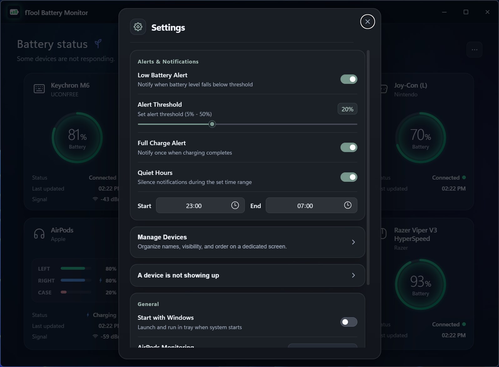 Alert threshold, full charge alert, and Quiet Hours settings