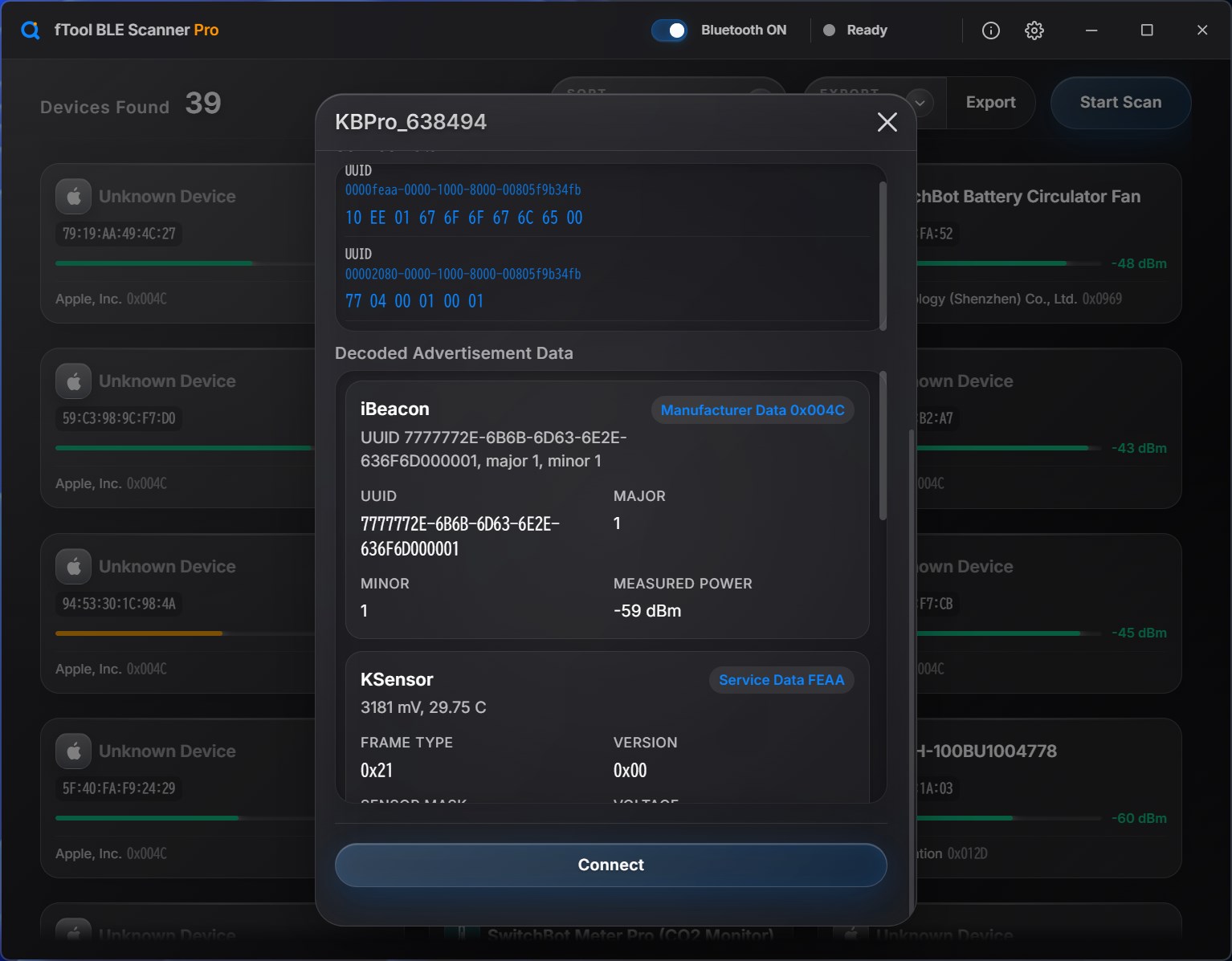 An advertisement with its raw manufacturer data above the decoded iBeacon and KSensor fields, showing the proximity UUID, major and minor beside the sensor readings