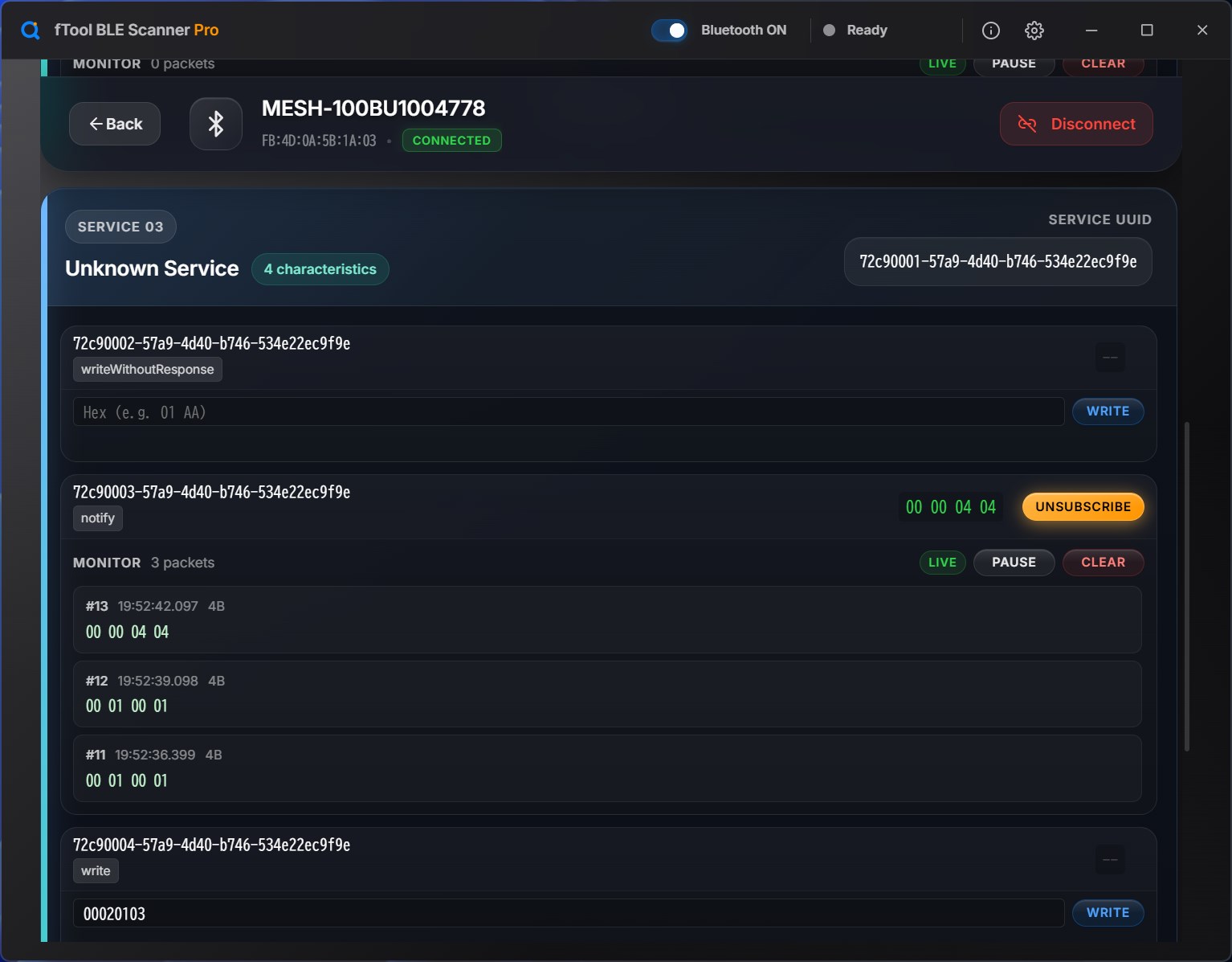 A custom service with a notify characteristic subscribed, streaming numbered and timestamped packets, with pause and clear controls and a successful write below