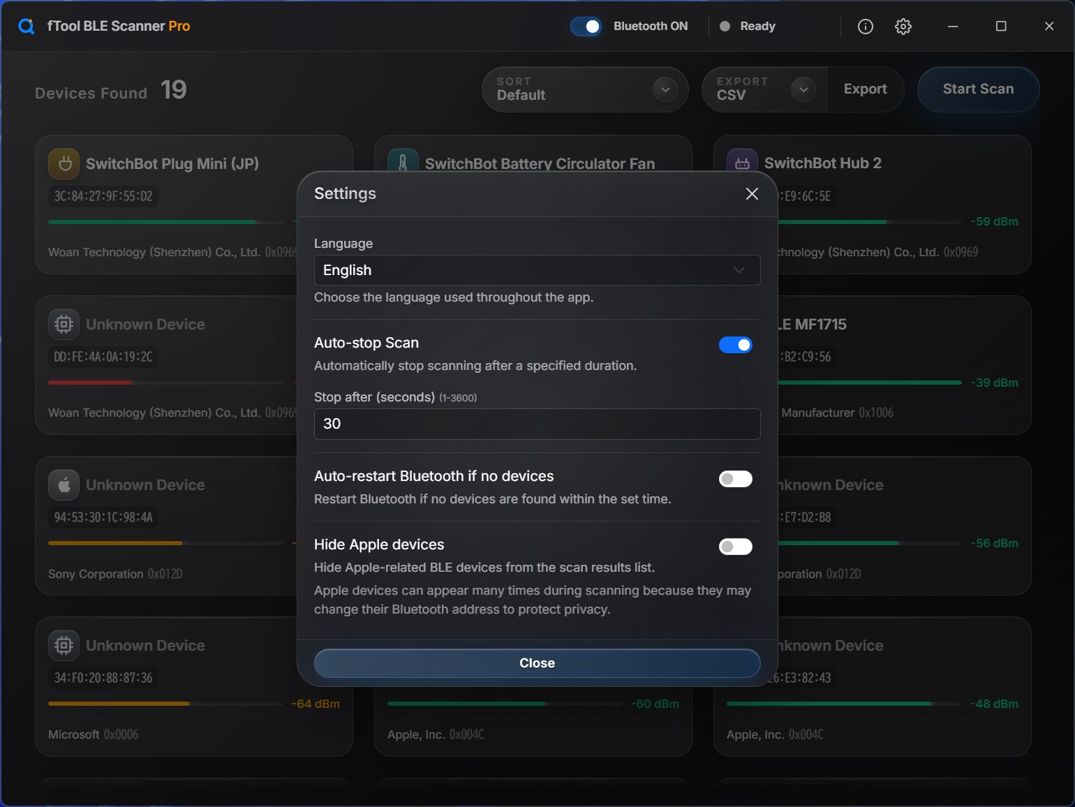 The settings dialog with the interface language at the top, auto-stop scanning after 30 seconds, Bluetooth auto-restart, and a switch to hide Apple devices