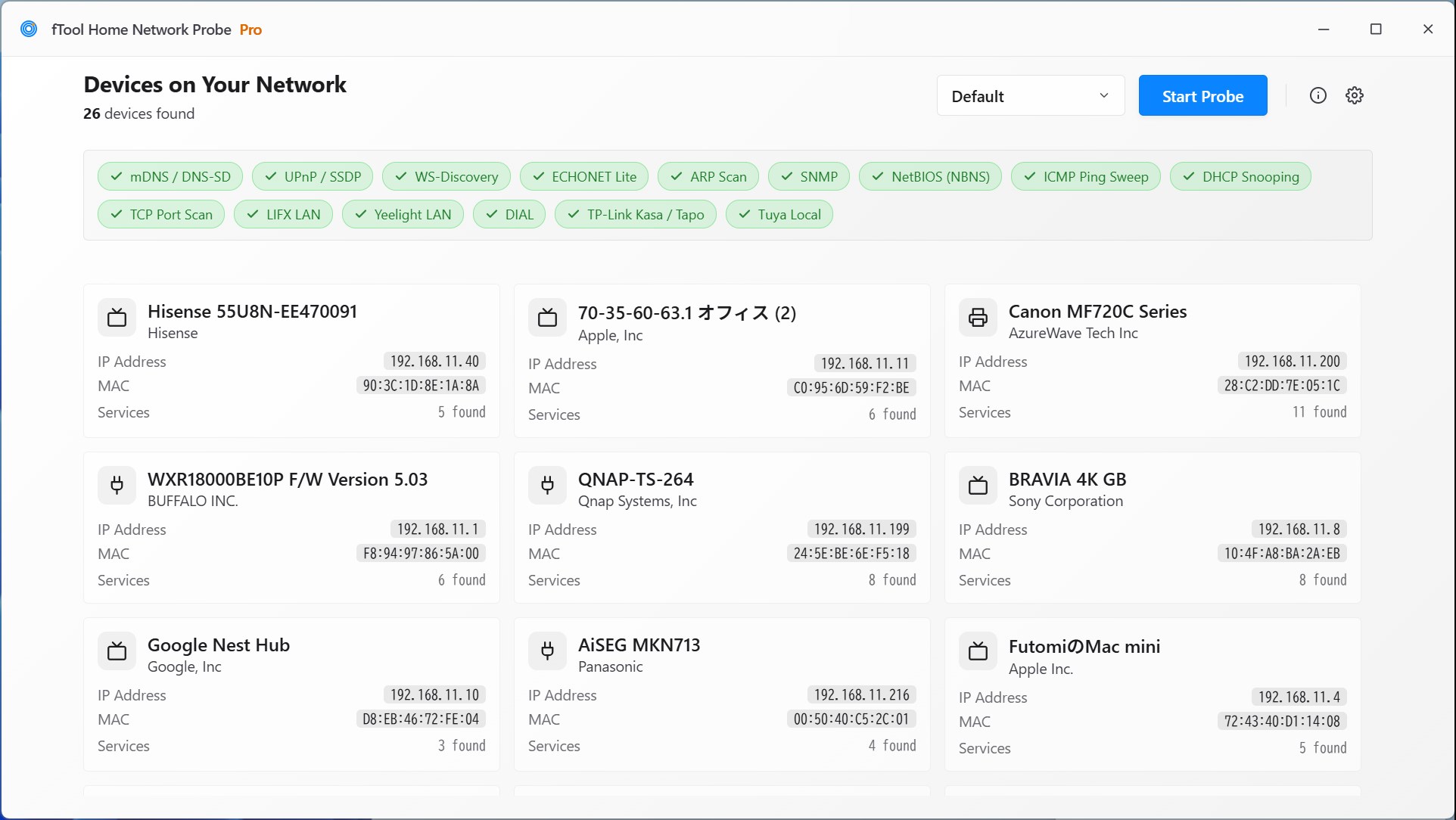 The Devices on Your Network screen listing twenty-six devices found, with a row of ticked discovery protocol chips above cards for a TV, a printer, a router, a NAS and several smart home devices