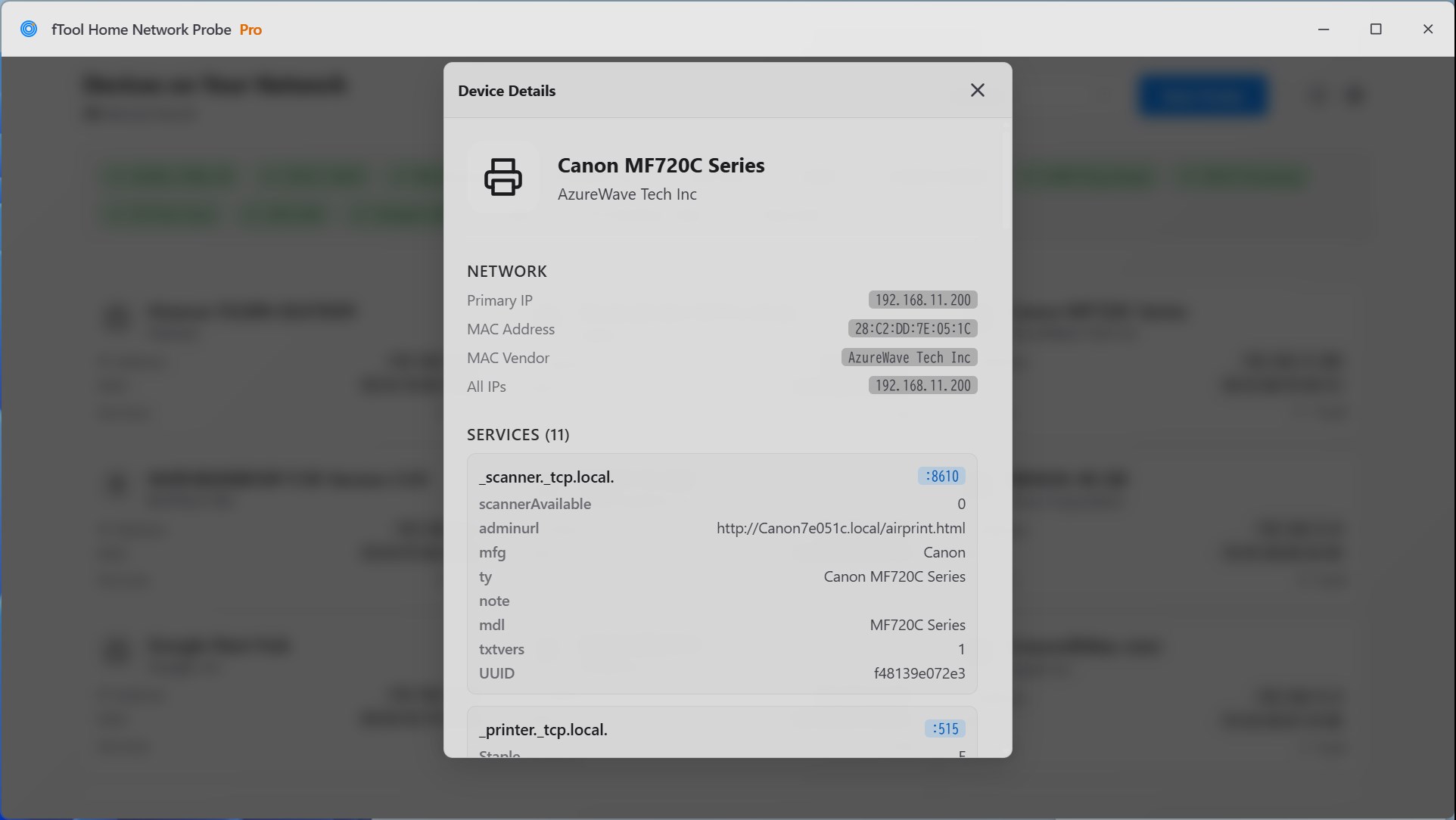 Device Details for a Canon MF720C Series printer, with its IP and MAC addresses above the eleven services discovered on it, including the scanner and printer records