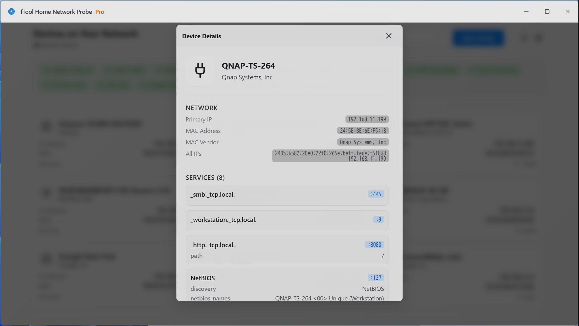 Device Details for a QNAP NAS, listing its SMB, workstation and HTTP services alongside the NetBIOS name reported for it