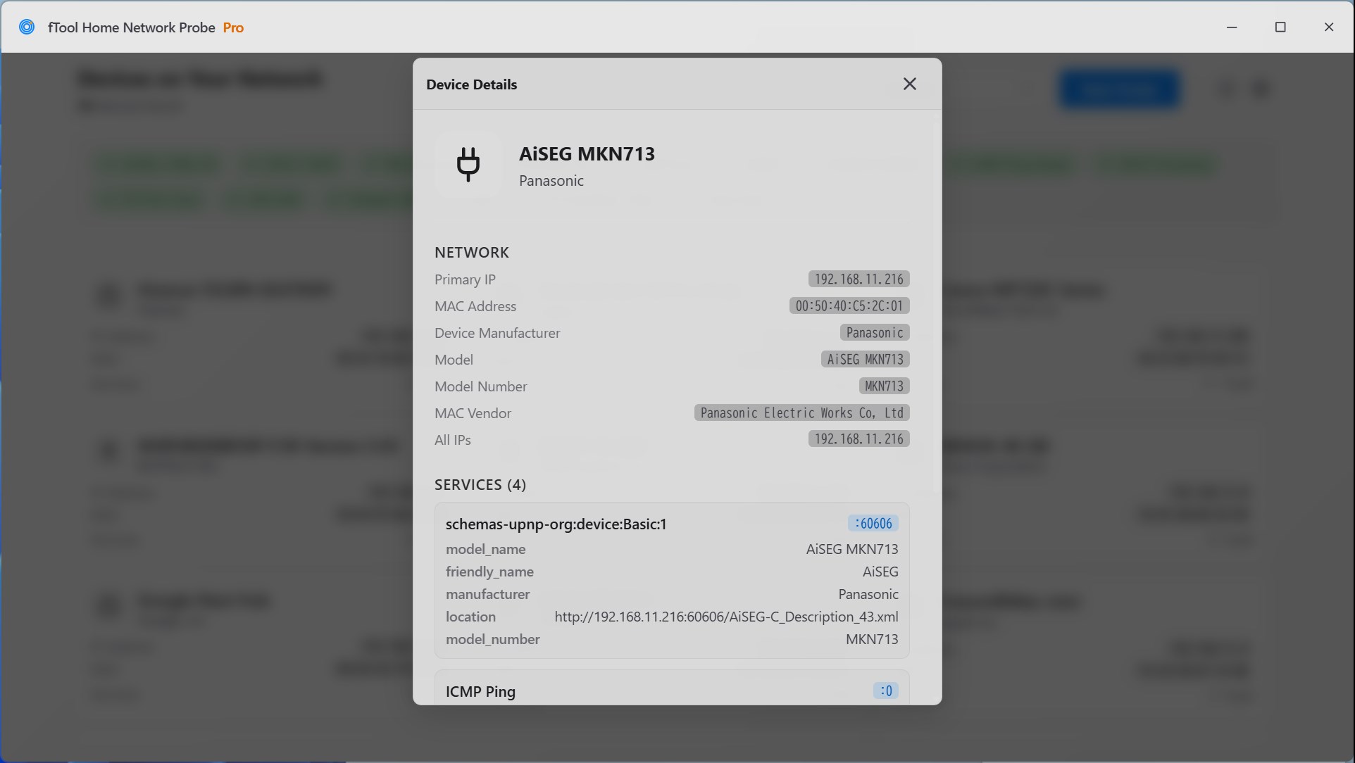 Device Details for a Panasonic AiSEG unit, showing the device manufacturer, model name and model number resolved for it above the records its UPnP service publishes