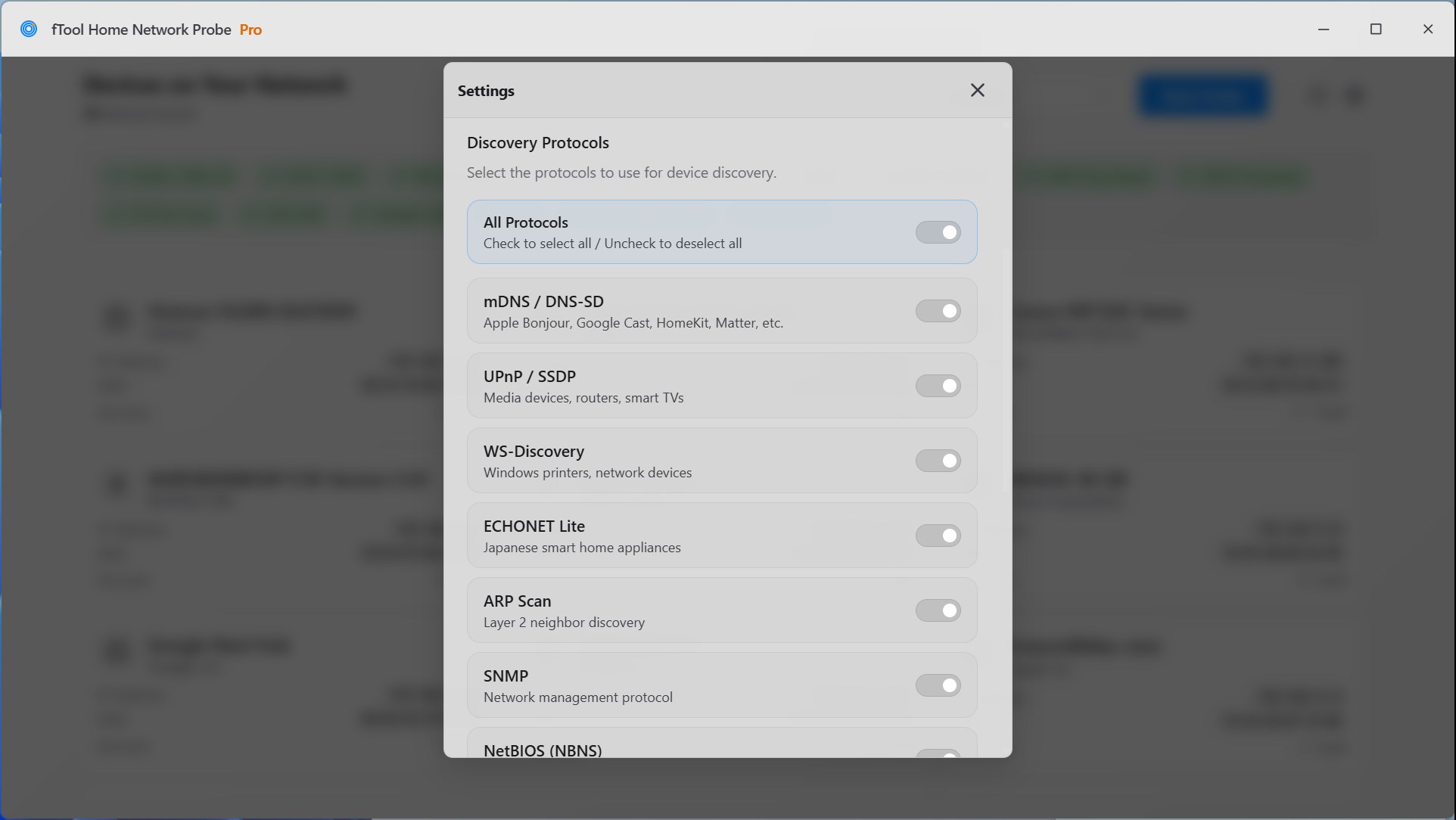 The settings dialog listing each discovery protocol with its own switch, from mDNS and UPnP to WS-Discovery, ECHONET Lite, ARP Scan, SNMP and NetBIOS