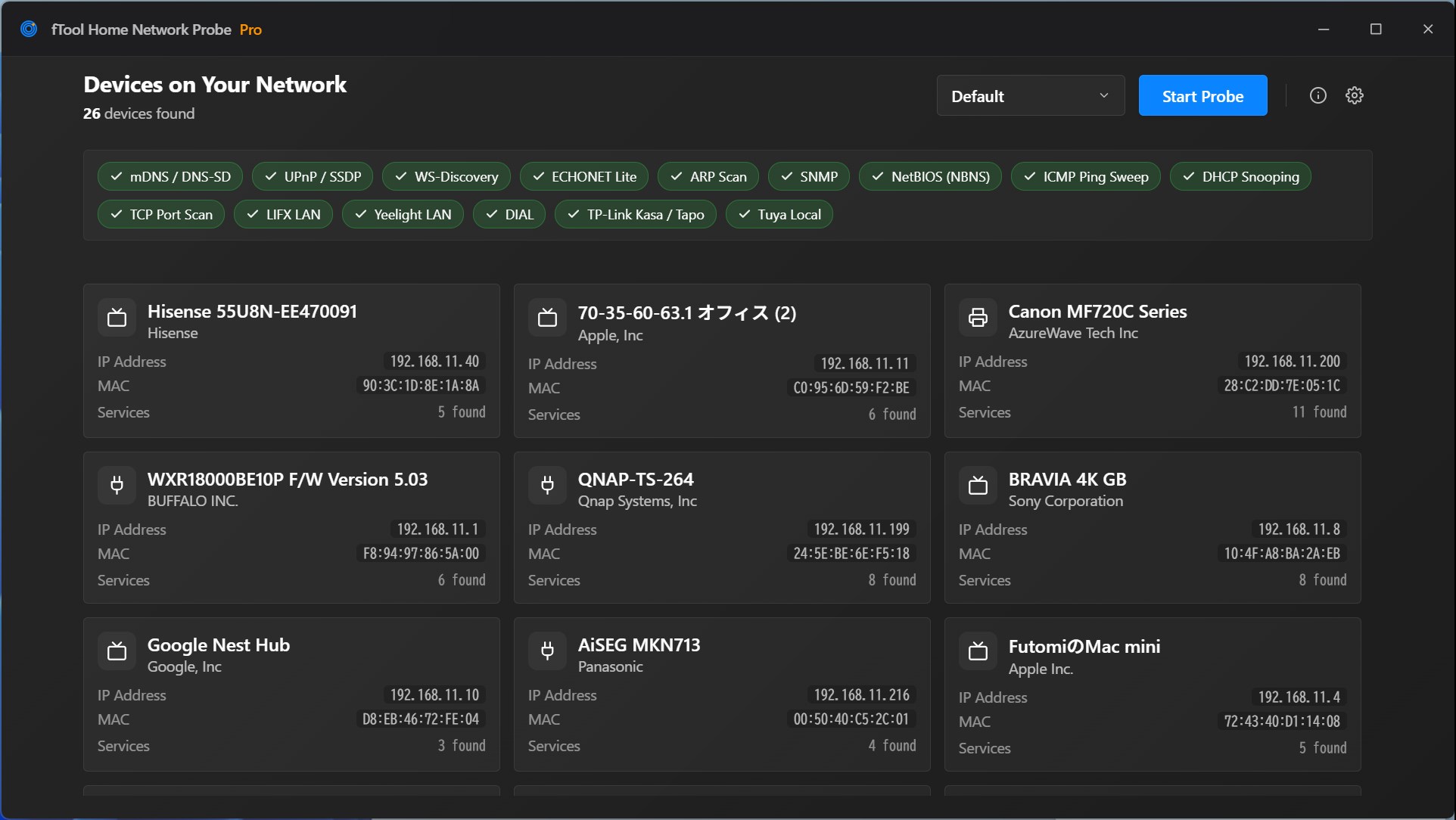 The same device list in the dark theme, with every discovery protocol chip ticked above the device cards