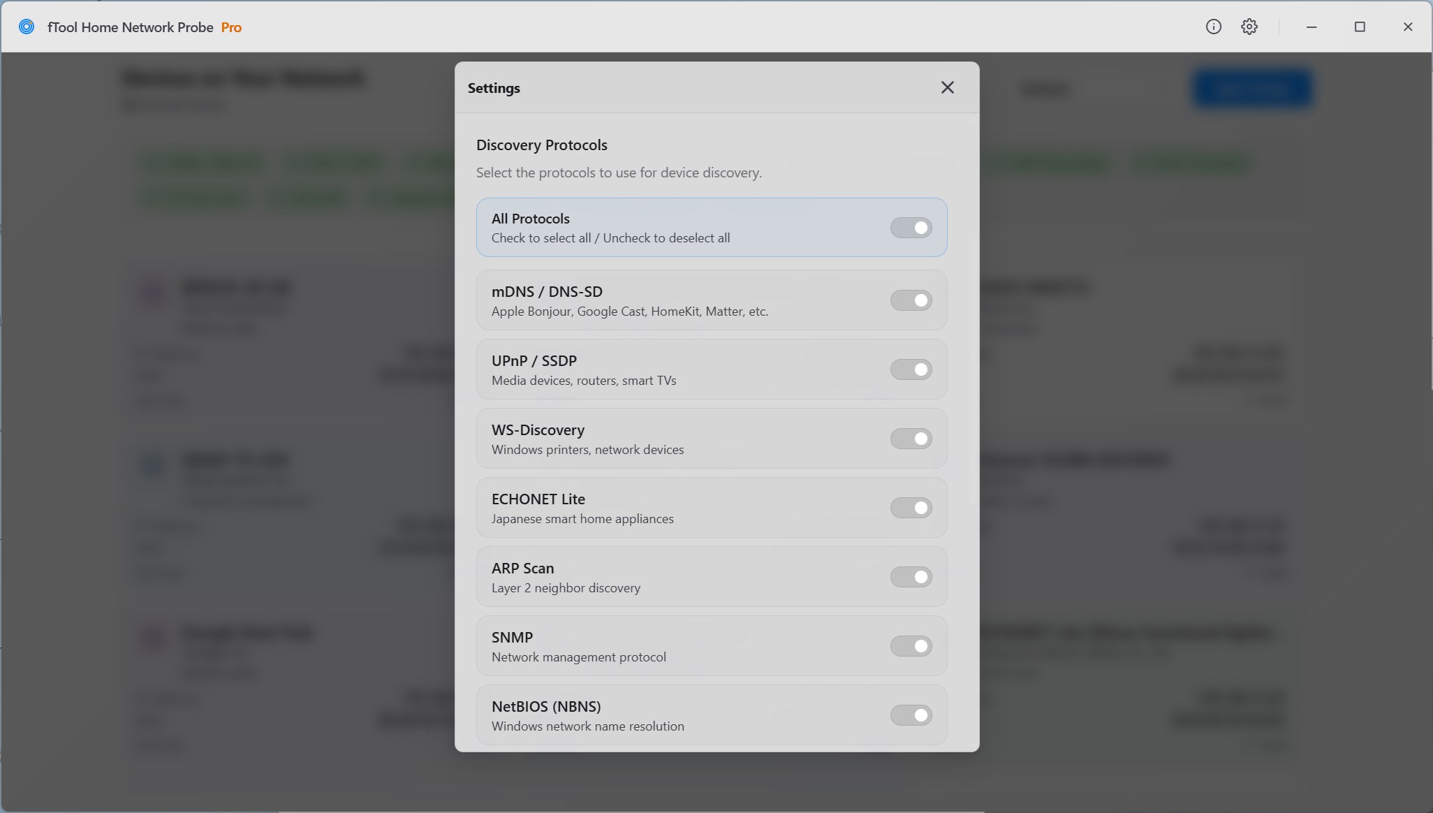 The Discovery Protocols list in Settings, with a switch for mDNS / DNS-SD, UPnP / SSDP, WS-Discovery and each of the other protocols