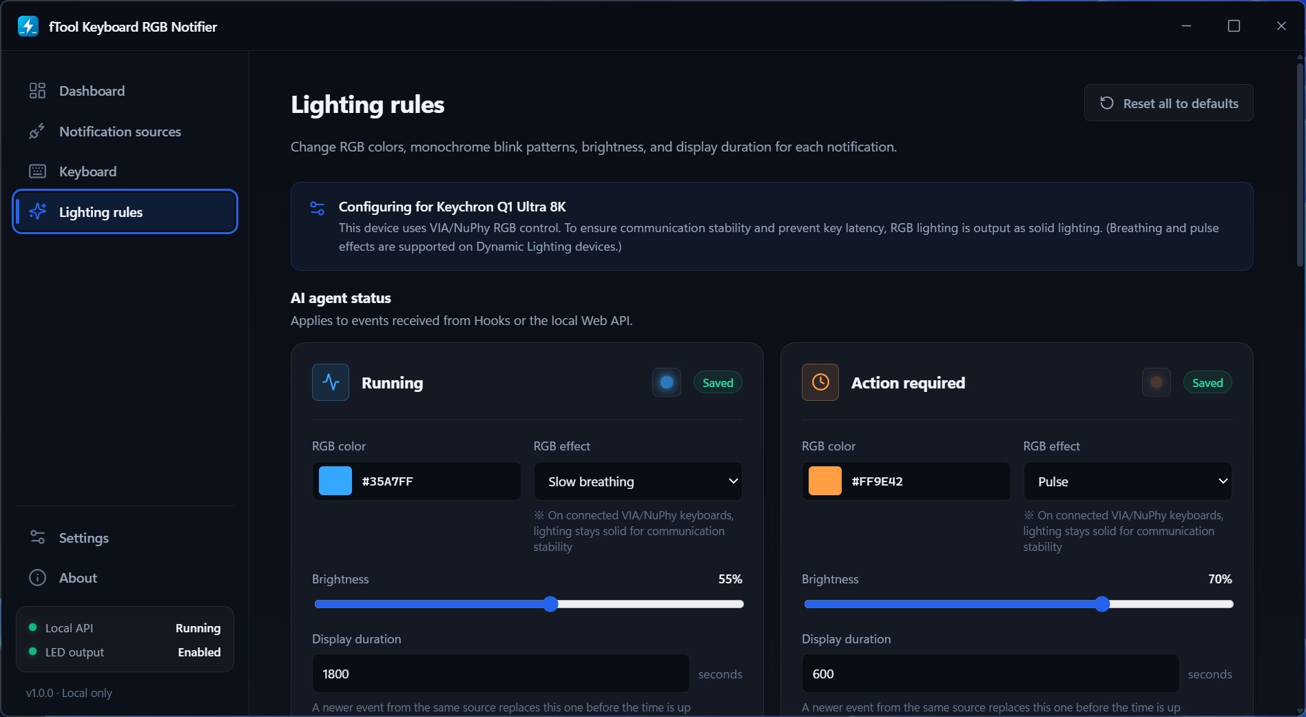 Lighting rules with color, effect, brightness, and duration