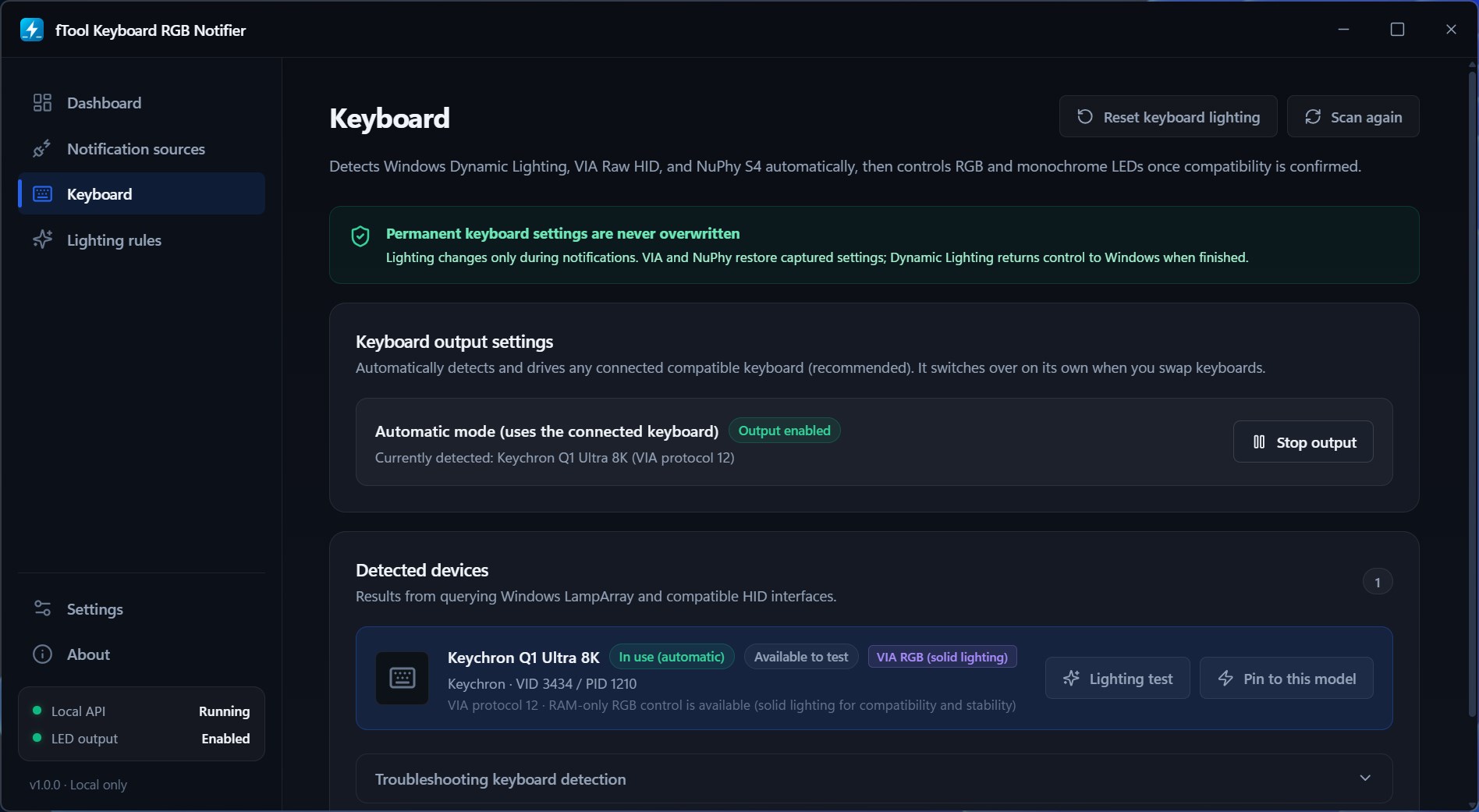 Keyboard detection and output settings