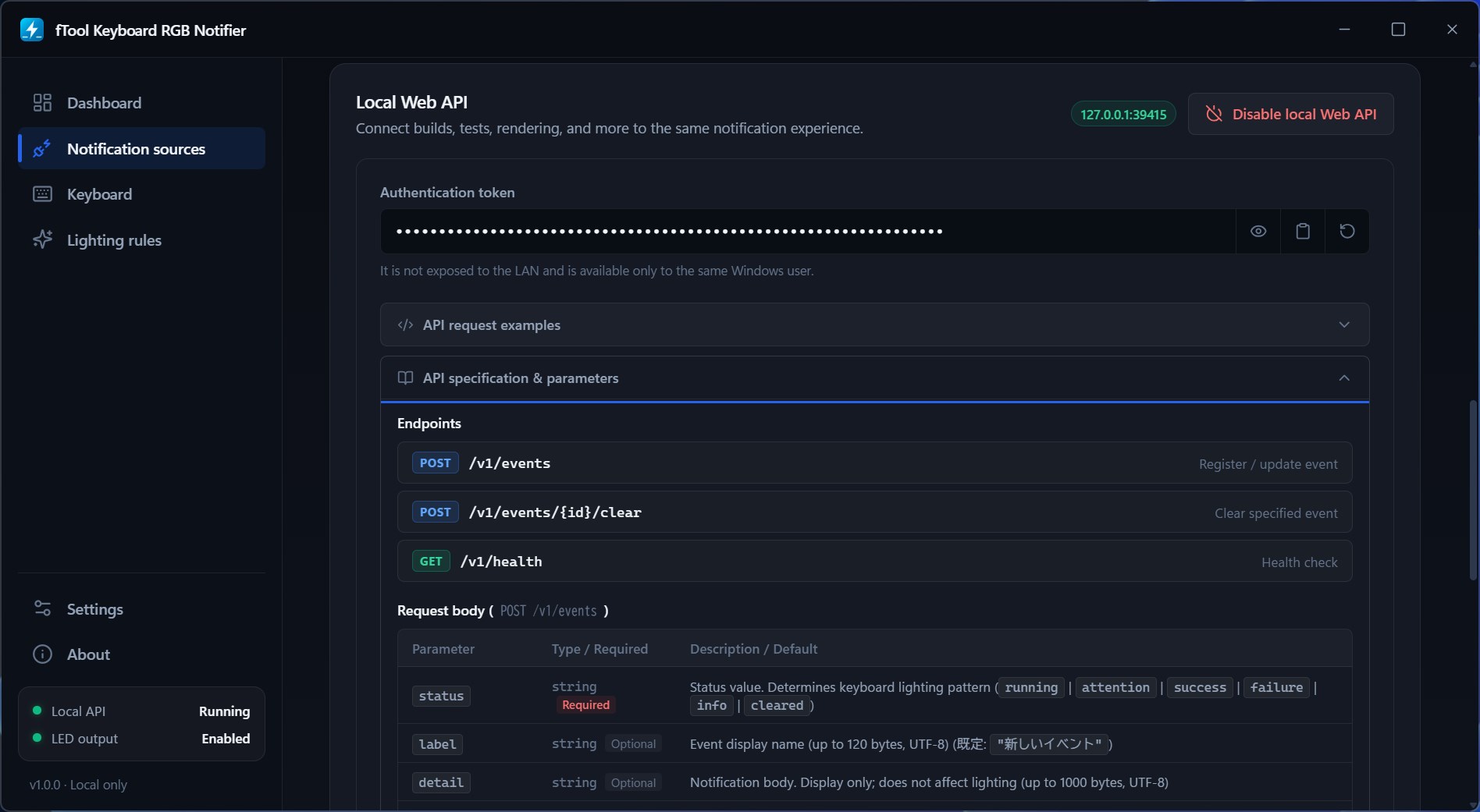 Local Web API with token, endpoints, and parameters