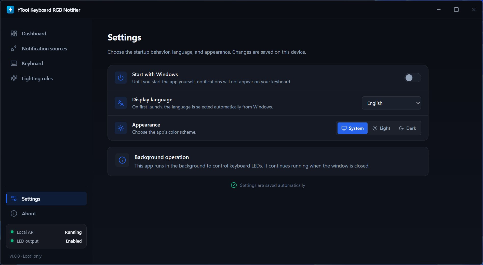 Startup, language, and appearance settings